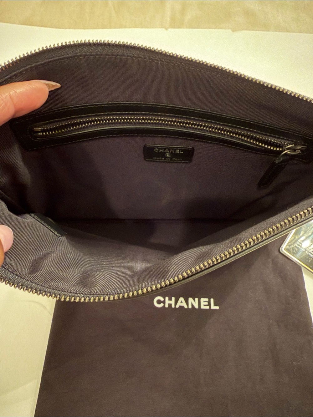 CHANEL Black Leather Clutch with Two-Tone Chain Script - Picture 3 of 6